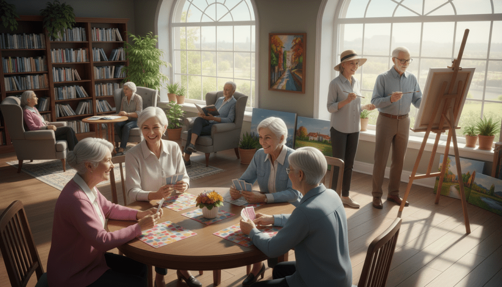 A warm and inviting scene of seniors engaged in social hobbies, showcasing meaningful connections. In the foreground, a group of four seniors—two men and two women—smiling and laughing while playing a game of cards at a round table, adorned with colorful decorations. In the middle ground, two other seniors are painting together on an easel, sharing stories and appreciation for each other's art in a sun-drenched community center. In the background, a cozy reading nook filled with books and plants, hinting at a book club meeting. Soft, natural lighting filters through large windows, casting gentle shadows. The atmosphere is cheerful and uplifting, conveying a sense of community and belonging, captured from a slightly elevated angle to encompass all activities clearly.