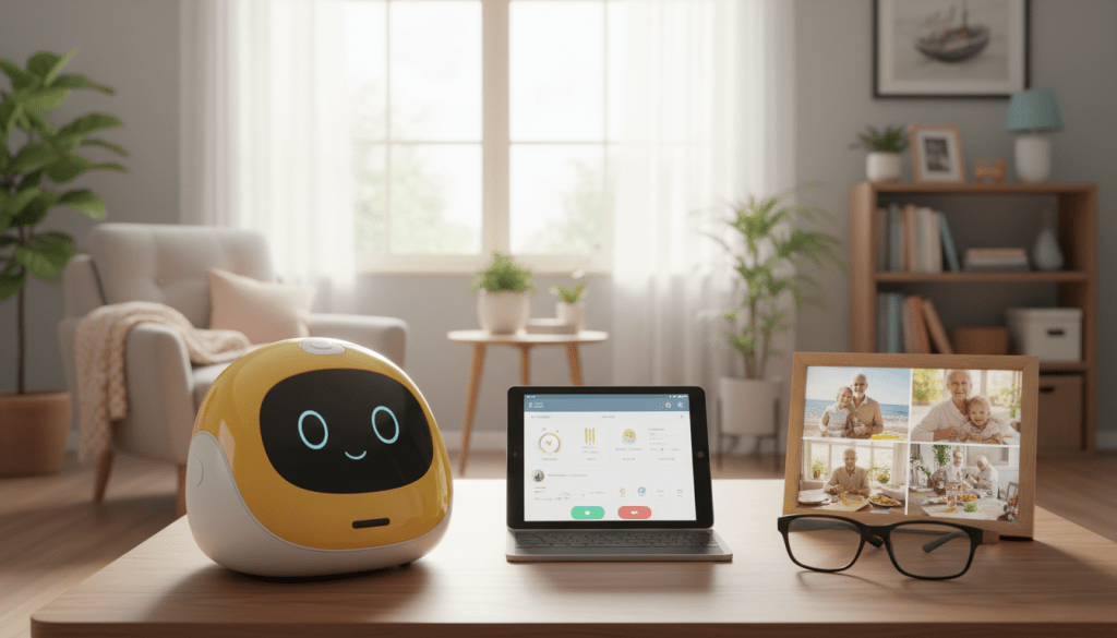 A warm and inviting scene showcasing various elderly care technology products designed to combat senior loneliness. In the foreground, display a sleek AI companion robot with a friendly face, sitting beside a user-friendly tablet displaying health monitoring apps. In the middle, feature a pair of modern smart glasses that help seniors connect with family through video calls, and a digital photo frame cycling through cherished family moments. In the background, create a cozy living room environment with soft, natural lighting that emphasizes a sense of comfort and security. The image should evoke feelings of warmth, companionship, and innovation, illustrating the pivotal role of technology in enhancing the lives of seniors.