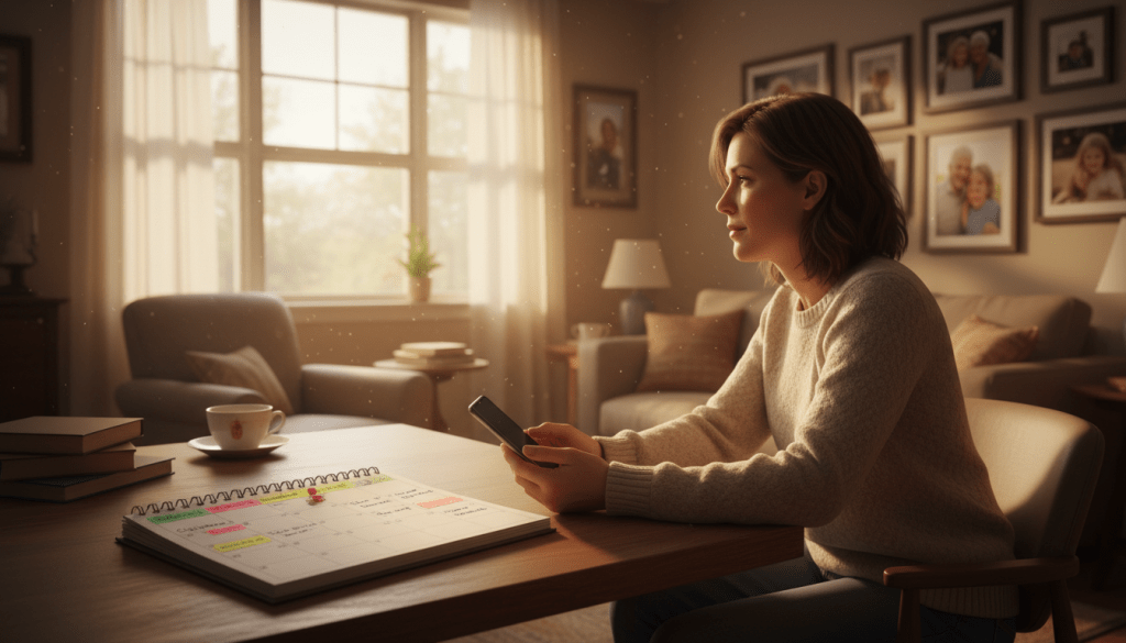 A warm, cozy living room setting, where an adult child is sitting at a desk with a phone in hand, thoughtfully contemplating how to stay connected with their elderly parents. The foreground features an open calendar filled with notes and reminders, symbolizing the importance of regular communication. The middle ground shows the adult child, dressed in modest casual clothes, displayed in a pensive pose, gazing at family photos on the wall that evoke memories. In the background, soft sunlight filters through a window, illuminating the space and creating a comforting atmosphere. The mood is reflective yet hopeful, emphasizing the importance of connection and care in maintaining relationships with elderly loved ones. The composition uses a warm color palette to evoke feelings of warmth and nostalgia.