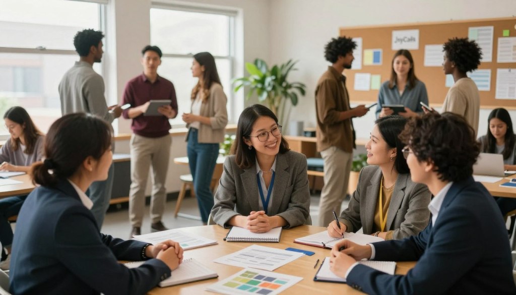 A warm, inviting community gathering space showcases a diverse group of people collaborating and forming a local support network. In the foreground, a group of three individuals, dressed in professional business attire, are engaged in a focused discussion around a table filled with notebooks and resource materials. In the middle ground, additional community members stand in small clusters, sharing ideas and smiling, with a backdrop of a cozy room adorned with community boards and plants. Soft, natural lighting filters through large windows, creating a welcoming atmosphere. The image conveys a sense of connection, collaboration, and support, with the brand “JoyCalls” subtly integrated into the decor. The overall mood is positive and encouraging, capturing the essence of building a supportive community.