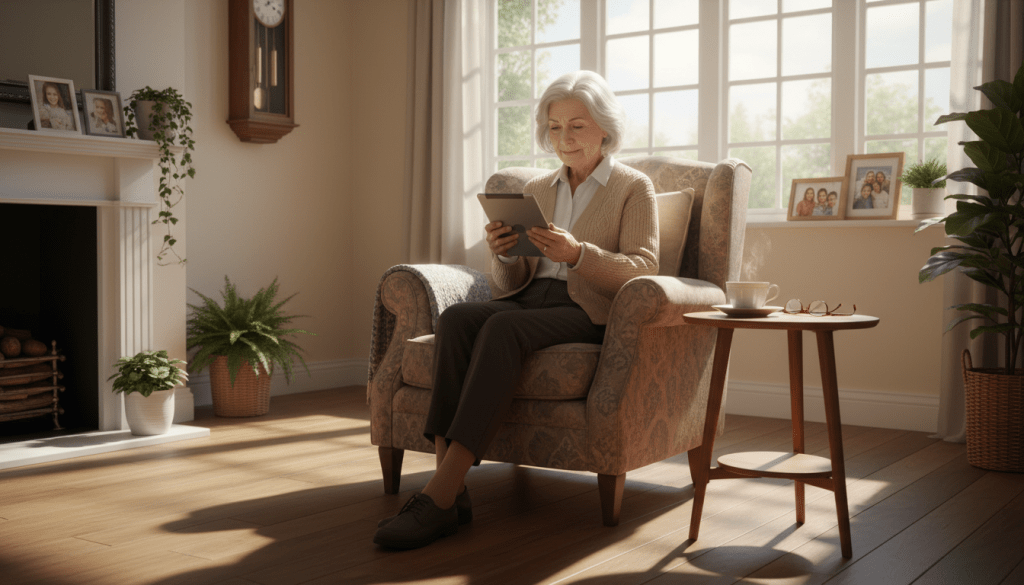 A warm, inviting home interior scene depicting a cozy living room for seniors, featuring a comfortable armchair and a small side table with a cup of tea. In the foreground, an elderly woman in modest casual clothing is seen engaging with a digital tablet, her expression showing curiosity and contentment. In the middle ground, a large window allows soft morning light to flood the room, casting gentle shadows. A clock on the wall indicates it’s morning time. In the background, family photographs and plants add personal touches, suggesting a nurturing environment. The overall atmosphere is calm and uplifting, showcasing the importance of a supportive home for seniors during daily check-ins. A warm, inviting home interior scene depicting a cozy living room for seniors, featuring a comfortable armchair and a small side table with a cup of tea. In the foreground, an elderly woman in modest casual clothing is seen engaging with a digital tablet, her expression showing curiosity and contentment. In the middle ground, a large window allows soft morning light to flood the room, casting gentle shadows. A clock on the wall indicates it’s morning time. In the background, family photographs and plants add personal touches, suggesting a nurturing environment. The overall atmosphere is calm and uplifting, showcasing the importance of a supportive home for seniors during daily check-ins.