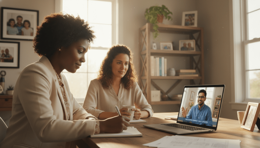 A warm, inviting home office scene during late afternoon, featuring a diverse group of three siblings engaged in a video call on a laptop, discussing daily caregiving updates. In the foreground, a friendly woman in professional attire is taking notes, while a man with glasses shares insights from another part of the screen. In the middle ground, a cozy bookshelf filled with caregiving books and family photos adds a personal touch. The background shows soft natural light streaming through a window, creating a comfortable atmosphere. The entire image should convey a sense of collaboration, communication, and support, highlighting both the challenges and benefits of sharing caregiving updates effectively. A warm, inviting home office scene during late afternoon, featuring a diverse group of three siblings engaged in a video call on a laptop, discussing daily caregiving updates. In the foreground, a friendly woman in professional attire is taking notes, while a man with glasses shares insights from another part of the screen. In the middle ground, a cozy bookshelf filled with caregiving books and family photos adds a personal touch. The background shows soft natural light streaming through a window, creating a comfortable atmosphere. The entire image should convey a sense of collaboration, communication, and support, highlighting both the challenges and benefits of sharing caregiving updates effectively.