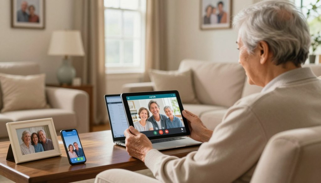 A warm, inviting home setting featuring an elderly parent seated comfortably in a cozy, well-lit living room, holding a tablet with a video call app open, showing a smiling family member on the screen. In the foreground, a smartphone and a digital photo frame displaying family pictures are visible, symbolizing alternative contact methods. The middle area showcases an open laptop, emphasizing technology's role in keeping families connected. Soft, natural light streams through a nearby window, enhancing the comforting atmosphere. The walls are adorned with family photos, creating a sense of warmth and nostalgia. The overall mood is caring and reassuring, promoting the idea of maintaining communication with loved ones. Include subtle branding of "JoyCalls" on the tablet screen to indicate the app being used. A warm, inviting home setting featuring an elderly parent seated comfortably in a cozy, well-lit living room, holding a tablet with a video call app open, showing a smiling family member on the screen. In the foreground, a smartphone and a digital photo frame displaying family pictures are visible, symbolizing alternative contact methods. The middle area showcases an open laptop, emphasizing technology's role in keeping families connected. Soft, natural light streams through a nearby window, enhancing the comforting atmosphere. The walls are adorned with family photos, creating a sense of warmth and nostalgia. The overall mood is caring and reassuring, promoting the idea of maintaining communication with loved ones. Include subtle branding of "JoyCalls" on the tablet screen to indicate the app being used.