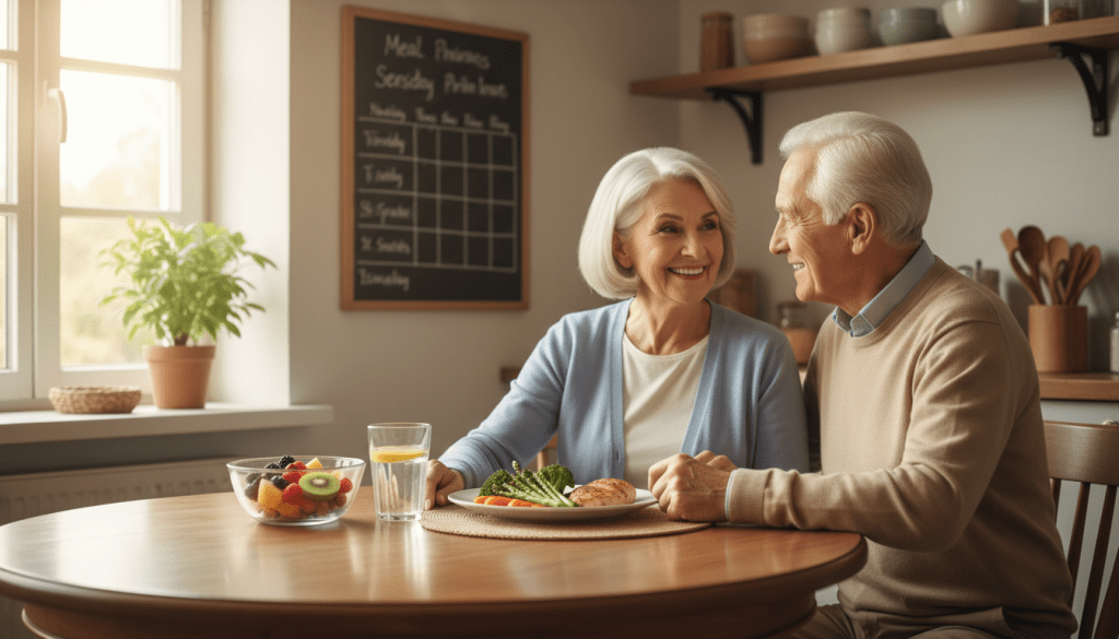 A warm, inviting kitchen setting filled with natural light, showcasing a neatly organized table for a daily meal and hydration routine for elderly individuals. In the foreground, a plate with a balanced meal of steamed vegetables, grilled chicken, and a bowl of fresh fruit, alongside a glass of water with ice and a slice of lemon. In the middle, a cheerful elderly couple, dressed in modest casual clothing, smiling and engaging with each other while reviewing a meal planner. The background features soft-focus elements like a vibrant green plant and kitchen utensils neatly arranged. The atmosphere is cozy and nurturing, suggesting a healthy, supportive environment for daily routines focused on meals and hydration. The composition uses bright, soft lighting to create a welcoming feel.