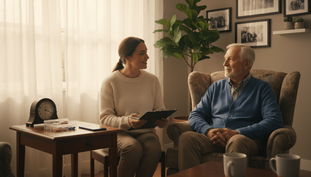 A warm, inviting living room scene featuring a caring caregiver, a senior individual, and various safety-check elements. In the foreground, the caregiver, dressed in professional casual attire, is holding a clipboard and smiling kindly at the senior, who is seated comfortably in an armchair, looking engaged and reassured. On a nearby table, safety check items like a medication organizer, a mobile phone, and a clock are visible. In the middle ground, soft natural light filters through a window adorned with sheer curtains, creating a peaceful atmosphere. The background shows tasteful décor, such as family photos and indoor plants, enhancing a sense of home and connection. The overall mood is one of care, trust, and community support, emphasizing the importance of daily check-ins for seniors living alone.
