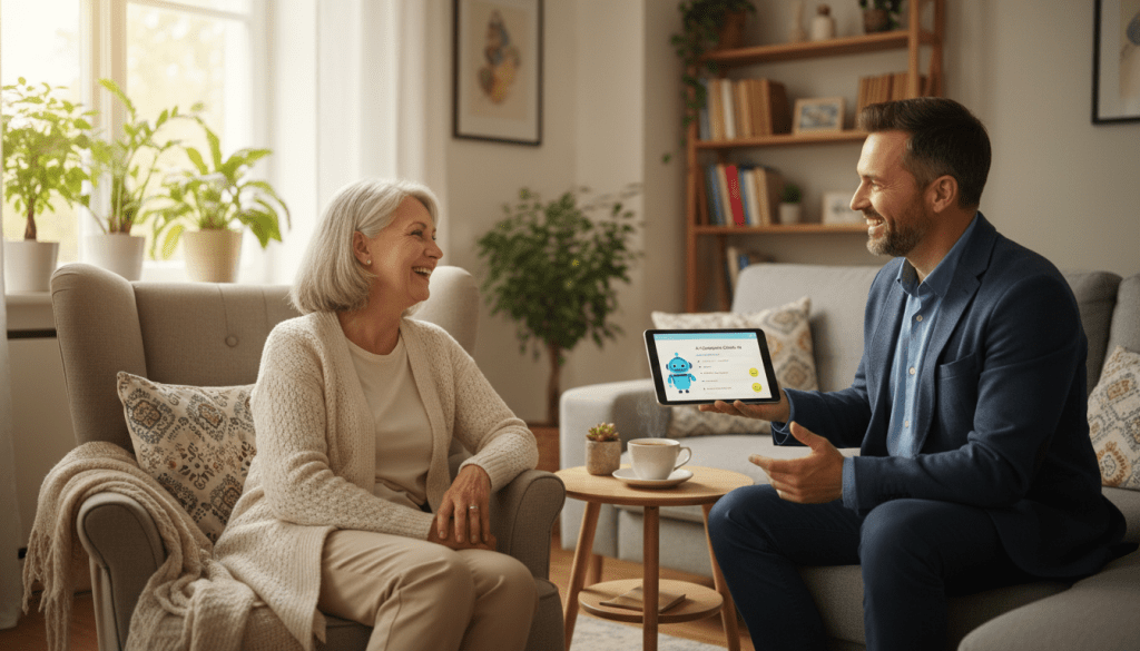 A warm, inviting living room scene featuring an older adult woman and a male caregiver engaged in a friendly conversation, both smiling and relaxed. The woman, dressed in modest casual clothing, sits comfortably in a cozy armchair, while the caregiver, in professional attire, stands nearby, holding a tablet displaying the AI-powered check-in interface. Soft, natural light filters through a window, illuminating the room and highlighting the various plants and comfortable furnishings in the background. In the middle ground, a side table holds a cup of tea and a small plant, reinforcing a sense of companionship. The atmosphere is friendly and reassuring, capturing the essence of daily companionship and the benefits of AI-powered check-ins for seniors.