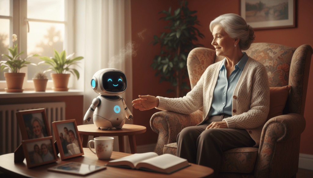 A warm, inviting living room scene featuring an older adult woman in modest casual clothing, sitting comfortably in an armchair with a friendly AI companion device beside her, which resembles a humanoid robot. In the foreground, the woman is gently smiling while interacting with the device, conveying a sense of connection and companionship. In the middle ground, a cozy coffee table is adorned with personal items, like family photos and a steaming cup of tea, enhancing the feeling of home. The background features soft, natural light streaming through a window, with houseplants and warm-colored walls that create a serene atmosphere. The overall mood is one of comfort and hope, illustrating the theme of bridging loneliness with technology for older adults.