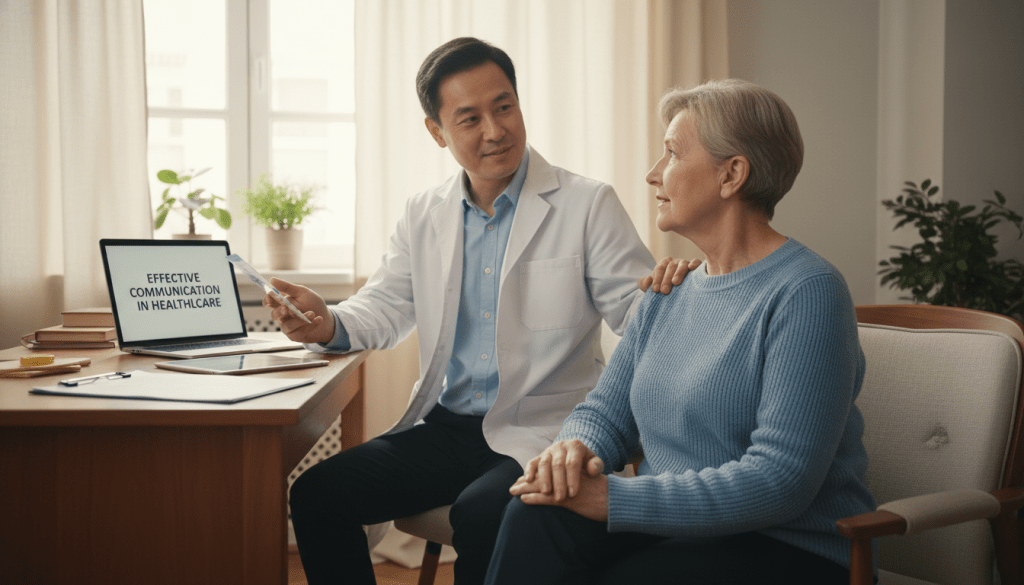 A warm, inviting medical office setting featuring a senior patient engaging in a thoughtful conversation with a healthcare provider. In the foreground, the patient, a Caucasian woman in professional casual clothing, is seated, looking engaged and attentive, while the provider, an Asian man in a white coat, is standing nearby, holding a medication guide and smiling reassuringly. In the middle, a desk with medical charts and a laptop displays a visible commitment to effective communication. The background includes a window with soft, natural light filtering through sheer curtains, giving a cozy atmosphere. The overall mood is collaborative and supportive, highlighting the importance of clear dialogue in healthcare settings. The composition captures a candid moment of listening and understanding, emphasizing the theme of improving patient-provider communication.