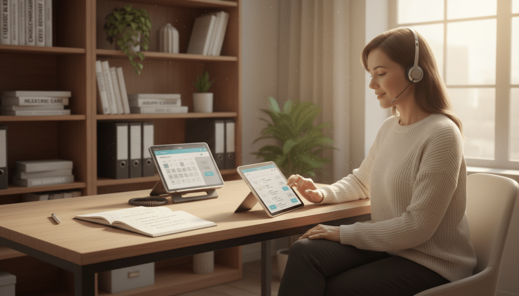 A warm, inviting office setting focused on optimizing medication reminder calls. In the foreground, a professional woman in smart casual attire sits at a desk, attentively interacting with a smartphone or tablet, displaying a reminder interface. A notepad with a checklist of optimal calling strategies is visible beside her. In the middle ground, a modern phone with a headset is set up, symbolizing communication. The background features a soft-focus bookshelf filled with medical textbooks and health resources, creating an educational atmosphere. Soft, natural lighting flows through a large window, suggesting a calm and productive environment. The overall mood is focused and organized, reflecting the importance of effective communication in healthcare reminders. A warm, inviting office setting focused on optimizing medication reminder calls. In the foreground, a professional woman in smart casual attire sits at a desk, attentively interacting with a smartphone or tablet, displaying a reminder interface. A notepad with a checklist of optimal calling strategies is visible beside her. In the middle ground, a modern phone with a headset is set up, symbolizing communication. The background features a soft-focus bookshelf filled with medical textbooks and health resources, creating an educational atmosphere. Soft, natural lighting flows through a large window, suggesting a calm and productive environment. The overall mood is focused and organized, reflecting the importance of effective communication in healthcare reminders.