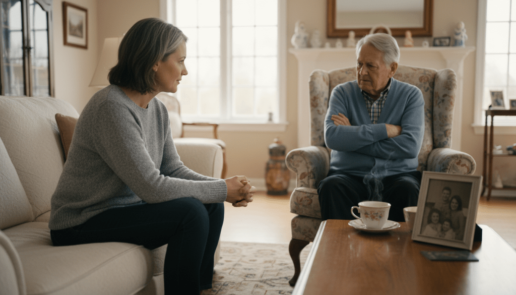 A warm, inviting scene depicting a caring adult child navigating challenging behaviors with their aging parent in a cozy living room. In the foreground, a concerned but patient middle-aged person, dressed in modest casual clothing, sits on a comfortable couch, engaging with an older adult in a recliner. The older adult appears slightly resistant, with crossed arms and a furrowed brow, highlighting the emotional complexity. In the middle ground, a coffee table with calming objects like a family photo and a warm cup of tea suggests a nurturing environment. Background elements include soft, natural lighting filtering through large windows, illuminating family mementos, evoking a sense of warmth and love. The mood of the image is a balance of frustration and hope, capturing the essence of their relationship during these difficult moments. A warm, inviting scene depicting a caring adult child navigating challenging behaviors with their aging parent in a cozy living room. In the foreground, a concerned but patient middle-aged person, dressed in modest casual clothing, sits on a comfortable couch, engaging with an older adult in a recliner. The older adult appears slightly resistant, with crossed arms and a furrowed brow, highlighting the emotional complexity. In the middle ground, a coffee table with calming objects like a family photo and a warm cup of tea suggests a nurturing environment. Background elements include soft, natural lighting filtering through large windows, illuminating family mementos, evoking a sense of warmth and love. The mood of the image is a balance of frustration and hope, capturing the essence of their relationship during these difficult moments.