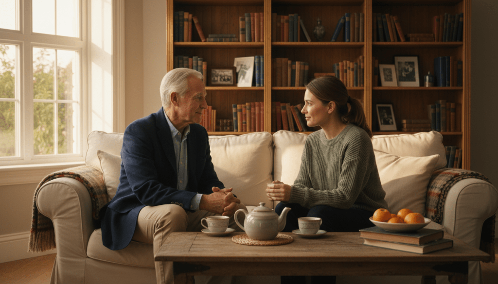 A warm, inviting scene depicting a cozy living room where a senior man, dressed in professional casual attire, is sitting on a comfortable sofa, engaged in conversation with a caregiver or volunteer, who is also dressed appropriately. The foreground features a small coffee table adorned with a teapot and two cups, symbolizing connection. In the middle, the two individuals are leaning slightly towards each other, sharing a moment of understanding. The background includes a bookshelf filled with books and framed photographs, suggesting a storied life. Soft, natural lighting filters through a nearby window, creating a calm and nurturing atmosphere. The overall mood is one of warmth, support, and meaningful dialogue, capturing the essence of overcoming communication hurdles faced by seniors.