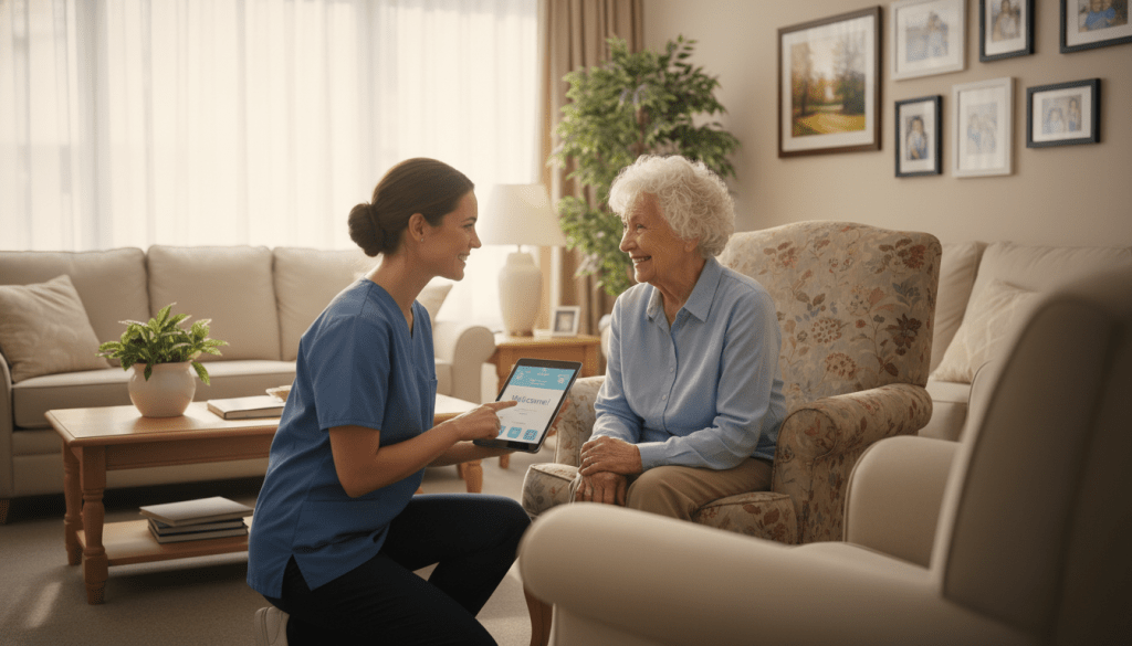 A warm, inviting scene depicting a cozy senior care facility. In the foreground, a caregiver, dressed in professional attire, is gently engaging with a senior resident, who is seated comfortably in a bright, well-lit room. Both individuals are smiling, emphasizing a connection, with the caregiver holding a tablet to facilitate the check-in process. In the middle ground, there are soft furnishings like a couch and potted plants, with a large window letting in natural light, casting a soft glow on the scene. The background features framed photos on the walls, creating a home-like atmosphere. The overall mood is one of compassion and support, illustrating the importance of effective check-in strategies for seniors to reduce feelings of loneliness. The lighting is bright and cheerful, enhancing the feeling of warmth and care. A warm, inviting scene depicting a cozy senior care facility. In the foreground, a caregiver, dressed in professional attire, is gently engaging with a senior resident, who is seated comfortably in a bright, well-lit room. Both individuals are smiling, emphasizing a connection, with the caregiver holding a tablet to facilitate the check-in process. In the middle ground, there are soft furnishings like a couch and potted plants, with a large window letting in natural light, casting a soft glow on the scene. The background features framed photos on the walls, creating a home-like atmosphere. The overall mood is one of compassion and support, illustrating the importance of effective check-in strategies for seniors to reduce feelings of loneliness. The lighting is bright and cheerful, enhancing the feeling of warmth and care.