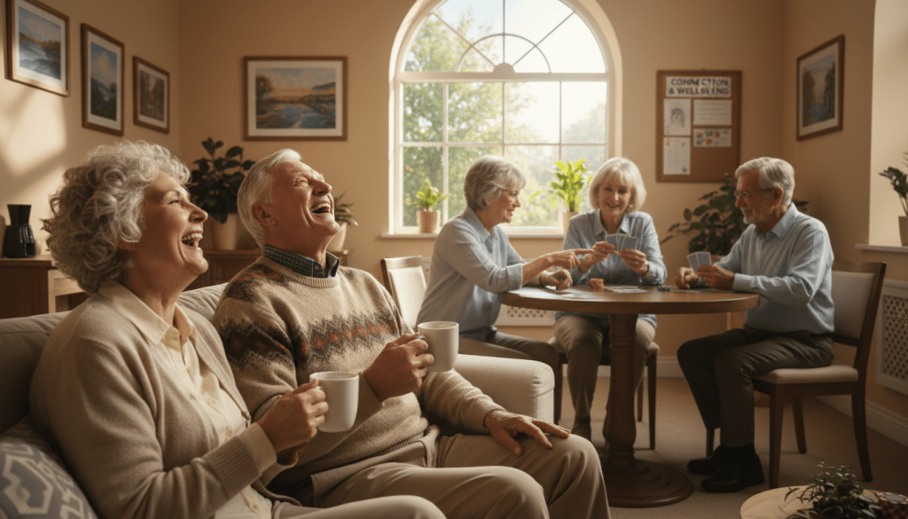 A warm, inviting scene depicting a group of older adults engaged in a supportive conversation in a cozy community center. In the foreground, two elderly individuals sit side by side on a comfortable couch, sharing a heartfelt laugh while sipping tea, dressed in modest, casual clothing. In the middle ground, a small group of three others, seated at a table, actively participate in a card game, showcasing collaboration and camaraderie. The background features a large window with soft, natural light pouring in, illuminating the room and creating an atmosphere of warmth and togetherness. The overall mood is uplifting and encouraging, emphasizing the importance of social connection for mental health, with gentle, inviting colors that enhance the feeling of comfort and support. A warm, inviting scene depicting a group of older adults engaged in a supportive conversation in a cozy community center. In the foreground, two elderly individuals sit side by side on a comfortable couch, sharing a heartfelt laugh while sipping tea, dressed in modest, casual clothing. In the middle ground, a small group of three others, seated at a table, actively participate in a card game, showcasing collaboration and camaraderie. The background features a large window with soft, natural light pouring in, illuminating the room and creating an atmosphere of warmth and togetherness. The overall mood is uplifting and encouraging, emphasizing the importance of social connection for mental health, with gentle, inviting colors that enhance the feeling of comfort and support.