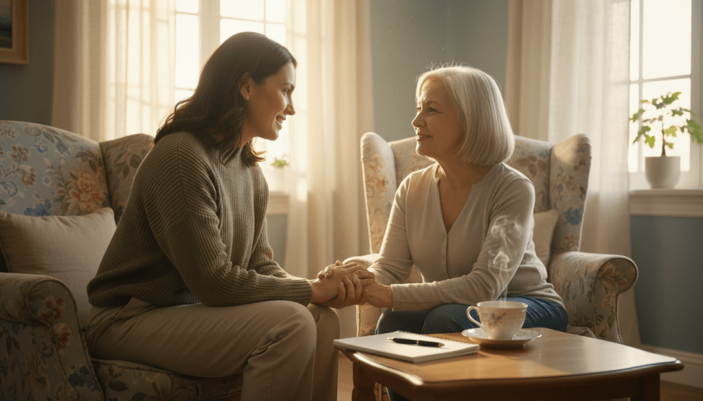 A warm, inviting scene depicting a healthcare professional in a modest casual outfit, engaged in a compassionate interaction with a senior individual in a cozy, well-lit living room. The foreground features a small table with a cup of tea and a notepad, symbolizing thoughtful check-ins. In the middle ground, the professional is seated comfortably, maintaining eye contact and a gentle smile, while the senior relaxes in an armchair, appearing engaged and reassured. The background showcases soft, natural light streaming in through a window with curtains, casting a calm glow over the space, enhancing the caring atmosphere. The image conveys a sense of trust, empathy, and connection, highlighting the importance of establishing compassionate care expectations in a sustainable check-in routine.