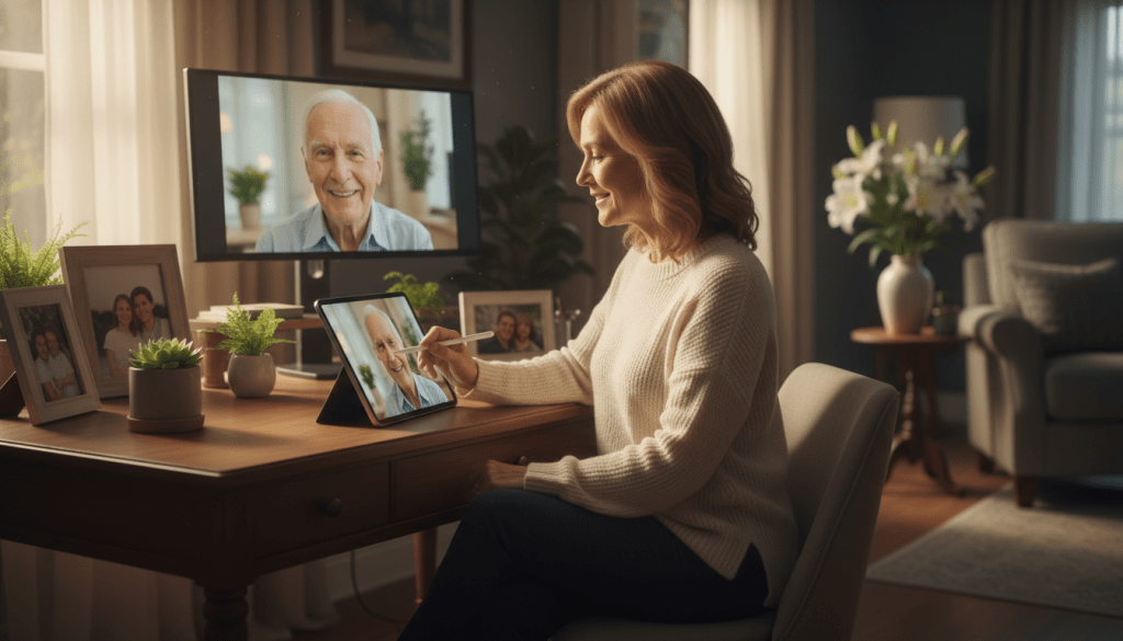 A warm, inviting scene depicting a middle-aged woman sitting at a cozy home office desk, using a tablet to video call with her elderly parent, who is shown on a screen in the background. The woman is dressed in modest casual clothing, with a gentle smile, expressing connection and care. Surrounding her are personal touches like family photos and potted plants, emphasizing a sense of home. Soft, natural light filters in through a window, creating a comforting atmosphere. In the background, a glimpse of a well-lit living room reveals an armchair and a vase of flowers, suggesting a loving environment. The focus is on the emotional bond created through technology, highlighting the joy of staying connected despite physical distance. A warm, inviting scene depicting a middle-aged woman sitting at a cozy home office desk, using a tablet to video call with her elderly parent, who is shown on a screen in the background. The woman is dressed in modest casual clothing, with a gentle smile, expressing connection and care. Surrounding her are personal touches like family photos and potted plants, emphasizing a sense of home. Soft, natural light filters in through a window, creating a comforting atmosphere. In the background, a glimpse of a well-lit living room reveals an armchair and a vase of flowers, suggesting a loving environment. The focus is on the emotional bond created through technology, highlighting the joy of staying connected despite physical distance.