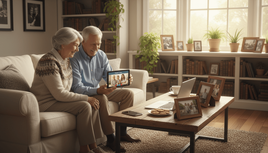 A warm, inviting scene depicting an elderly couple in a cozy living room, engaged with modern technology to stay connected. In the foreground, the couple, dressed in modest casual clothing, smiles as they video chat with family on a tablet. The middle layer features a coffee table with various devices like a smartphone, a laptop, and photo frames showcasing family moments. In the background, soft natural light streams through a window, illuminating bookshelves filled with old photographs and potted plants, creating a serene atmosphere. The overall mood is one of joy and connectivity, emphasizing the importance of technology in nurturing relationships. A warm, inviting scene depicting an elderly couple in a cozy living room, engaged with modern technology to stay connected. In the foreground, the couple, dressed in modest casual clothing, smiles as they video chat with family on a tablet. The middle layer features a coffee table with various devices like a smartphone, a laptop, and photo frames showcasing family moments. In the background, soft natural light streams through a window, illuminating bookshelves filled with old photographs and potted plants, creating a serene atmosphere. The overall mood is one of joy and connectivity, emphasizing the importance of technology in nurturing relationships.