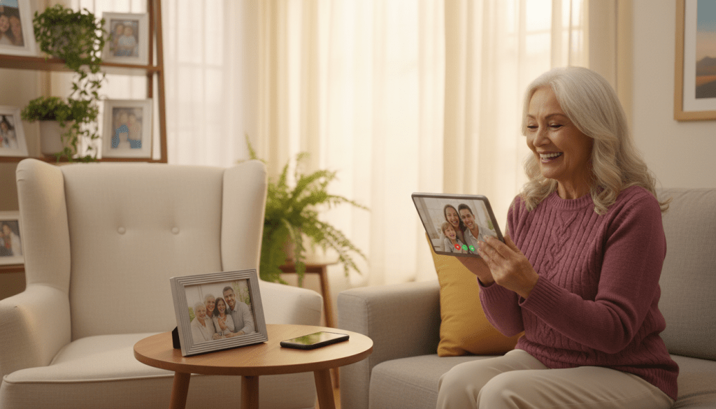 A warm, inviting scene depicting practical tips for fostering connection with elderly parents. In the foreground, a cozy living room is arranged with a comfortable armchair, a small table with a smartphone and a framed family photo. In the middle, a cheerful elderly person is engaging with a video call on a tablet, wearing a soft sweater, while smiling brightly. The background features soft, natural lighting filtering through a window draped with light curtains, giving a homey atmosphere. A few family photos and plants adorn the shelves, enhancing the feeling of connection and care. The overall mood is uplifting and supportive, encouraging feelings of warmth and love for the elderly individual, showcasing the importance of technology in bridging distances.