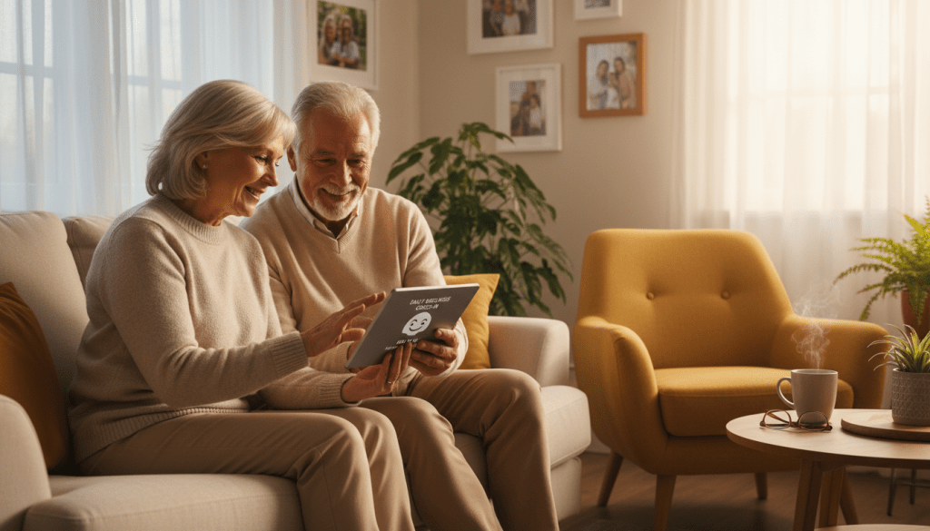 A warm, inviting scene in a cozy living room focused on a senior couple engaging with a tablet for their daily AI check-in. In the foreground, the couple, dressed in modest casual clothing, smiles as they comfortably interact with the device, showing a sense of ease and connection. In the middle ground, a soft armchair and a small side table with a steaming cup of herbal tea suggest a relaxed environment. In the background, bright natural light pours through a window adorned with sheer curtains, illuminating framed family photos and vibrant houseplants, creating a homely atmosphere. The lighting is soft and warm, evoking a sense of comfort and support, ideal for illustrating the concept of navigating daily check-ins with AI. A warm, inviting scene in a cozy living room focused on a senior couple engaging with a tablet for their daily AI check-in. In the foreground, the couple, dressed in modest casual clothing, smiles as they comfortably interact with the device, showing a sense of ease and connection. In the middle ground, a soft armchair and a small side table with a steaming cup of herbal tea suggest a relaxed environment. In the background, bright natural light pours through a window adorned with sheer curtains, illuminating framed family photos and vibrant houseplants, creating a homely atmosphere. The lighting is soft and warm, evoking a sense of comfort and support, ideal for illustrating the concept of navigating daily check-ins with AI.