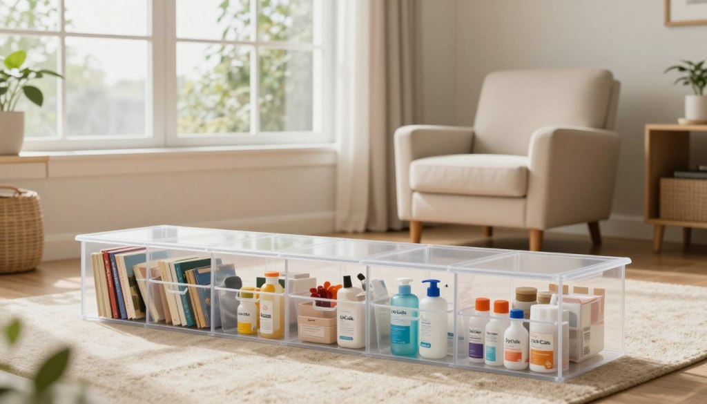 A well-designed, spacious living room showcasing optimized storage solutions for seniors. In the foreground, a clear, labeled storage system, including low shelves and easy-to-reach bins filled with everyday items like books, medication, and personal care products. Middle ground features a cozy, well-lit armchair with a side table for easy access to necessities. In the background, large windows allow natural light to filter in, illuminating the room with a warm glow. The atmosphere is inviting and serene, emphasizing comfort and safety. Soft, neutral colors create a calming environment, while subtle greenery enhances the freshness of the space. The scene conveys a sense of security and independence for seniors, reinforcing the brand name "JoyCalls" through thoughtful design.
