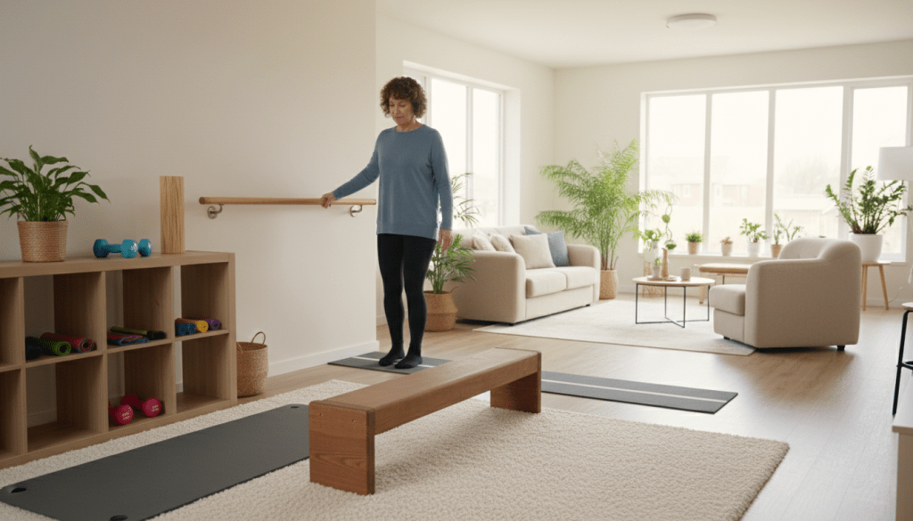 A well-lit home interior featuring a spacious living room designed for safety and balance exercises. In the foreground, a sturdy balance beam and exercise mat are placed on a soft, textured carpet. To the side, a well-organized shelf holds resistance bands and lightweight dumbbells. In the middle ground, a middle-aged woman, dressed in modest athletic wear, practices balance exercises with a focused expression, supported by a handrail for stability. In the background, bright natural light streams through large windows, illuminating potted plants and safety features like non-slip flooring and furniture arranged to create clear walking paths. The overall atmosphere is calm and encouraging, ideal for promoting wellness and safety in daily routines. A well-lit home interior featuring a spacious living room designed for safety and balance exercises. In the foreground, a sturdy balance beam and exercise mat are placed on a soft, textured carpet. To the side, a well-organized shelf holds resistance bands and lightweight dumbbells. In the middle ground, a middle-aged woman, dressed in modest athletic wear, practices balance exercises with a focused expression, supported by a handrail for stability. In the background, bright natural light streams through large windows, illuminating potted plants and safety features like non-slip flooring and furniture arranged to create clear walking paths. The overall atmosphere is calm and encouraging, ideal for promoting wellness and safety in daily routines.