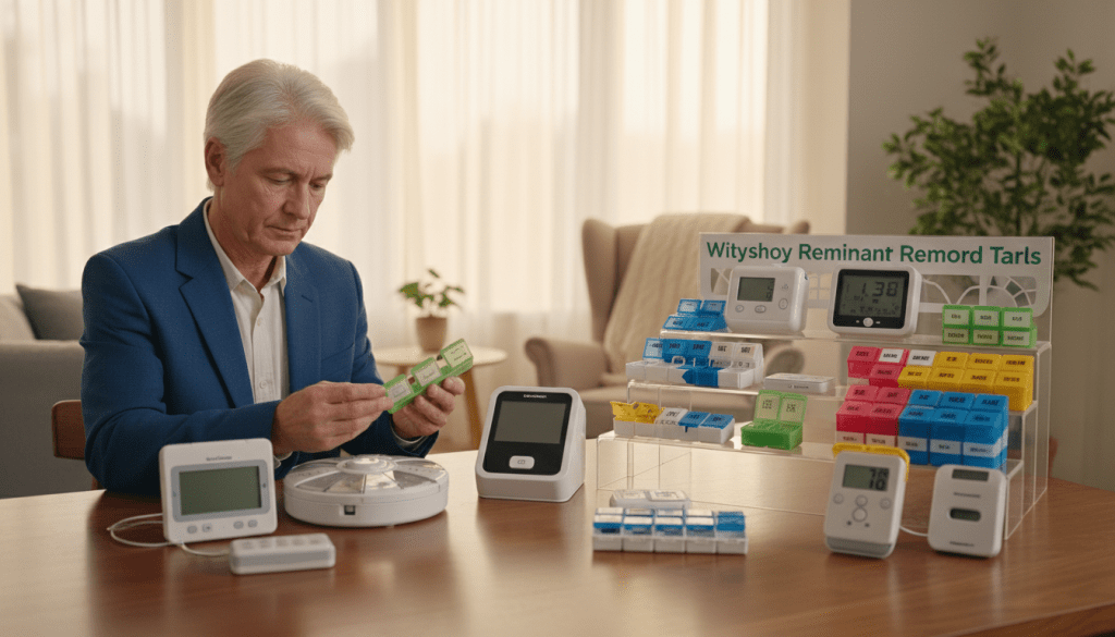 A well-lit, organized space showcasing a variety of medication dispensers including pill organizers, automatic dispensers, and digital reminder devices. In the foreground, an elderly person in professional attire examines several dispensers on a table, thoughtfully comparing features. The middle ground features a clear display of labels, user-friendly designs, and easy-to-read interfaces on the medications. In the background, a cozy home setting with soft, natural light filtering through a window, adding warmth to the scene. The atmosphere is calm and informative, conveying a sense of empowerment and ease in choosing the right medication dispenser, highlighting accessibility for individuals with vision or hearing challenges.