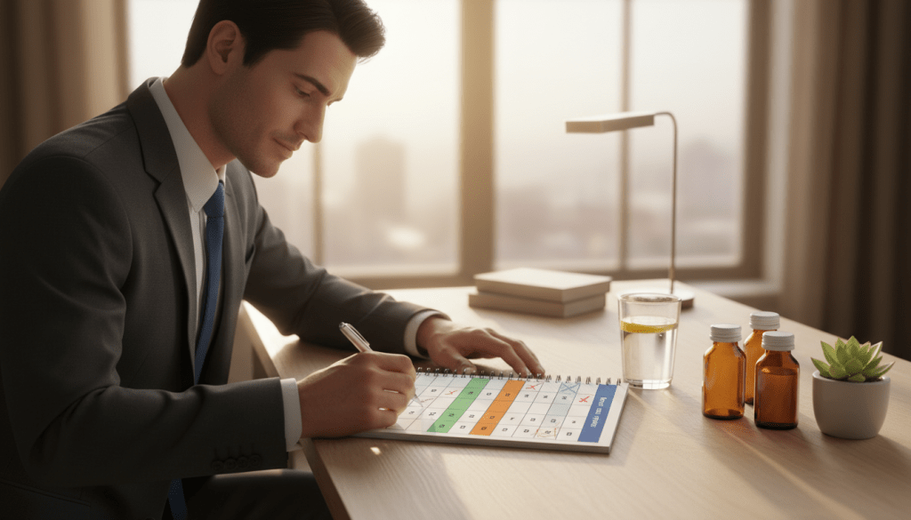 A well-organized and visually appealing customized medication calendar on a wooden desk. The calendar is divided into sections for different days of the week, with color-coded labels for various medications, featuring clear icons representing pills and dosages. In the foreground, a well-groomed professional in formal business attire examines the calendar, using a pen to check off completed medications. The middle ground showcases a neat arrangement of medication bottles, a glass of water, and a small potted plant, adding a touch of life. The background is softly blurred with warm natural light streaming in from a window, creating a calm and productive atmosphere. The scene is inviting and promotes a sense of organization and health awareness.