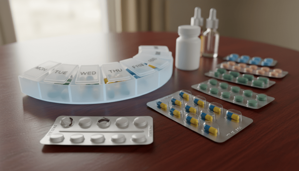 A well-organized display of blister packs and bubble packs containing various medications on a polished wooden table. In the foreground, showcase an opened blister pack with clearly visible pills, while next to it, a neatly arranged bubble pack offers a contrasting view. In the middle background, incorporate a lighted medication organizer with compartments labeled for each day of the week, enhancing the theme of medication management. Use soft, natural lighting to create a calm and inviting atmosphere, reminiscent of a well-managed medicine cabinet. The camera angle should be slightly above eye level, focusing on the packaging's details while softly blurring the background to emphasize clarity and organization. Overall, convey a sense of order and ease in managing medications for seniors.