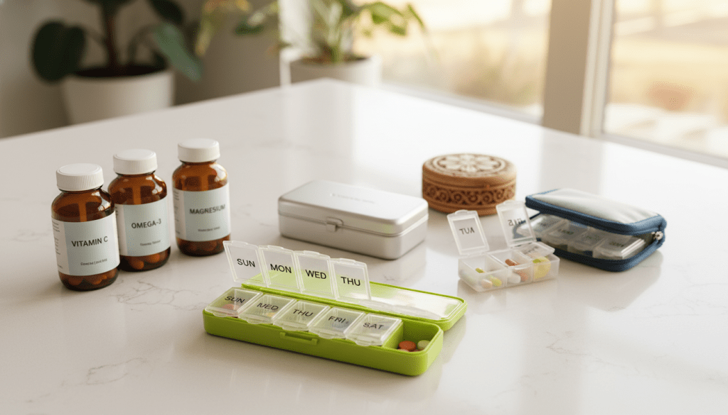 A well-organized display of various types of pill organizers, showcasing weekly planners and daily compartments, set against a clean, bright countertop background. In the foreground, highlight an open, vibrant-colored weekly pill organizer with labeled compartments for each day, accompanied by a few neatly arranged bottles of supplements. The middle ground features an assortment of other organizer designs: a sleek plastic case, a wooden pill box, and a travel-sized container, all exuding a sense of practicality and ease of use. The background is softly blurred with warm, natural lighting to create a calm atmosphere, suggesting a well-ordered approach to medication management. A close-up view with a slight overhead angle enhances the clarity and detail of the organizers, inviting the viewer to explore the setup.