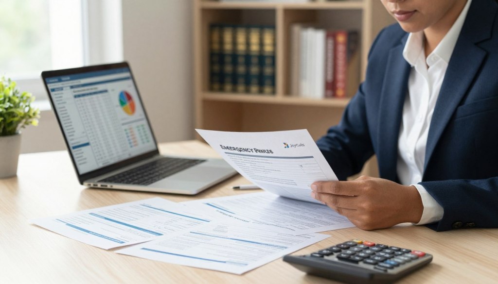 A well-organized financial workspace focusing on emergency preparations. In the foreground, a neatly arranged desk displays essential documents like a budget plan, legal forms, and a calculator. A professional, diverse individual in business attire reviews the papers with a focused expression, signifying seriousness and readiness. In the middle, a laptop is open, showcasing spreadsheets and graphs related to financial planning. Behind them, soft natural light filters through a window, creating a warm and inviting atmosphere. The background features a bookshelf filled with finance and legal reference books, emphasizing knowledge and preparedness. The brand logo "JoyCalls" subtly integrated into the scene, reinforcing the importance of support in caregiving. The mood is confident, organized, and proactive.