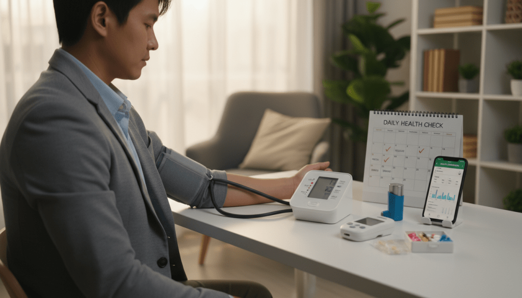 A well-organized, health-focused workspace depicting a daily health monitoring routine for chronic conditions like hypertension, diabetes, and COPD. In the foreground, a person in professional attire is checking their blood pressure with a digital monitor, sitting at a desk adorned with medical supplies such as a glucometer and inhaler. In the middle ground, a calendar with daily check-in tasks and a smartphone displaying a health app. The background features a warm, inviting home environment with soft natural lighting filtering through a window, creating a calm and reassuring atmosphere. The overall mood is focused and proactive, emphasizing the importance of daily health management.