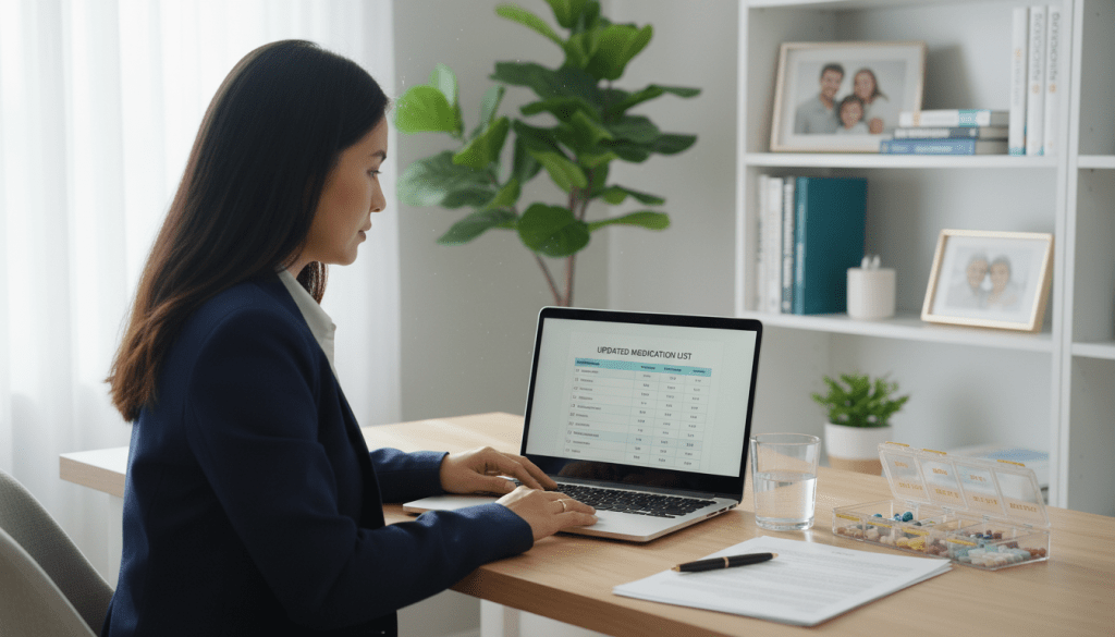 A well-organized home office scene focused on the importance of medication management. In the foreground, a professional-looking woman in a smart business outfit sits at a desk, thoughtfully reviewing an updated medication list on her laptop. Bright, natural lighting streams in from a nearby window, illuminating a neatly arranged pill organizer filled with various medications. In the middle ground, a bookshelf displays reference books on health and medication alongside framed family photos, symbolizing care and responsibility. The background features a lush indoor plant, contributing to a calm and inviting atmosphere. Capture the mood of diligence and reassurance, emphasizing the significance of maintaining an accurate medication list for health management. Use a soft focus to enhance the sense of professionalism and organization.