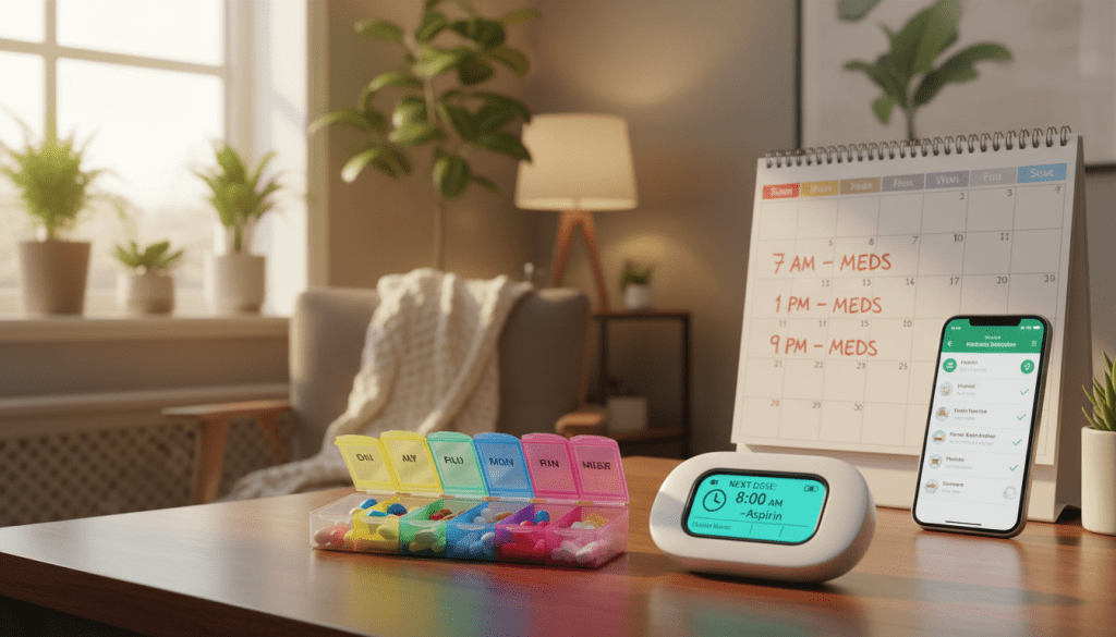 A well-organized, inviting medication management workspace featuring an array of medication management tools. In the foreground, a colorful weekly pill organizer is prominently displayed, filled with different colored tablets. Beside it, a digital pill reminder device with a vivid screen is showcasing an upcoming alarm. The middle ground features a vibrant calendar with reminders for medication times, and a smartphone with a health app interface. In the background, a cozy, warm home setting with soft natural lighting filtering through a window, and potted plants for a refreshing touch. The overall atmosphere is calm and productive, suggesting efficiency and ease in daily medication adherence.