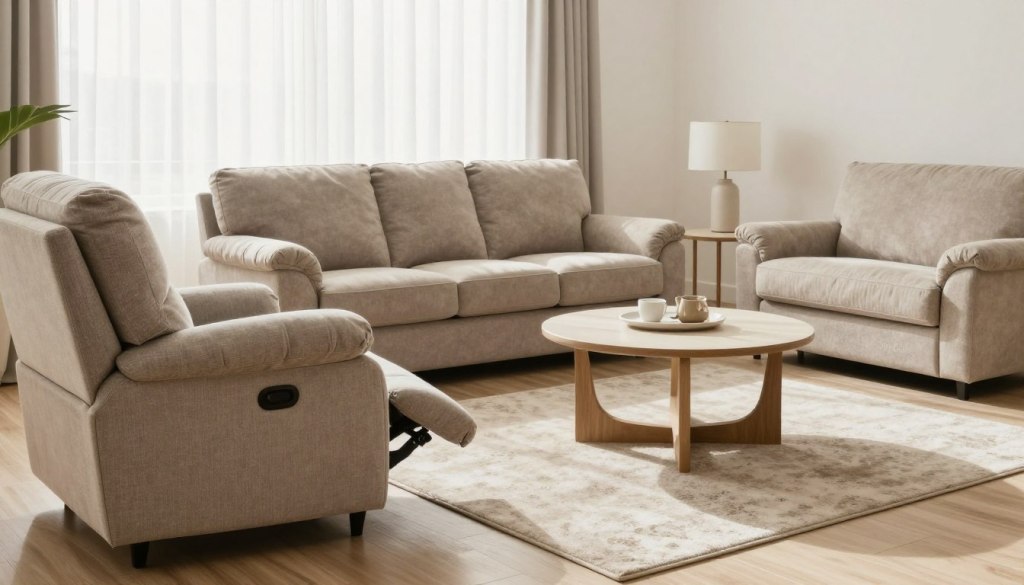 A well-organized living room designed for senior mobility, featuring a clear pathway for easy navigation. In the foreground, a comfortable recliner and a small, round coffee table with large, easy-to-grip handles. The middle section showcases a sofa pushed against the wall, with a soft area rug in neutral tones to prevent slipping. In the background, bright, natural light filters through sheer curtains, illuminating the space and highlighting the ample distance between furniture pieces to avoid hazards. A gentle, calm atmosphere is created through the use of warm colors and minimalistic decor. The brand name "JoyCalls" subtly incorporated into the scene, ensuring a professional and clean presentation.