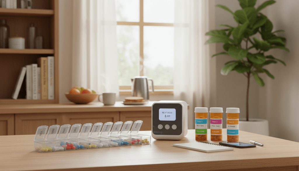 A well-organized medication management setup in a cozy home environment. In the foreground, a neatly arranged wooden table displays various pill organizers, a small digital pill dispensing machine, and a few prescription bottles with colorful labels. In the middle ground, a warm, inviting kitchen setting, illuminated by soft natural light coming from a nearby window, adds an element of comfort. The background features shelves stocked with health-related literature and a calming house plant. The scene conveys a sense of peace and control, illustrating successful medication management at home. The overall mood is serene and reassuring, ideal for individuals striving for clarity in their post-hospital medication plans.