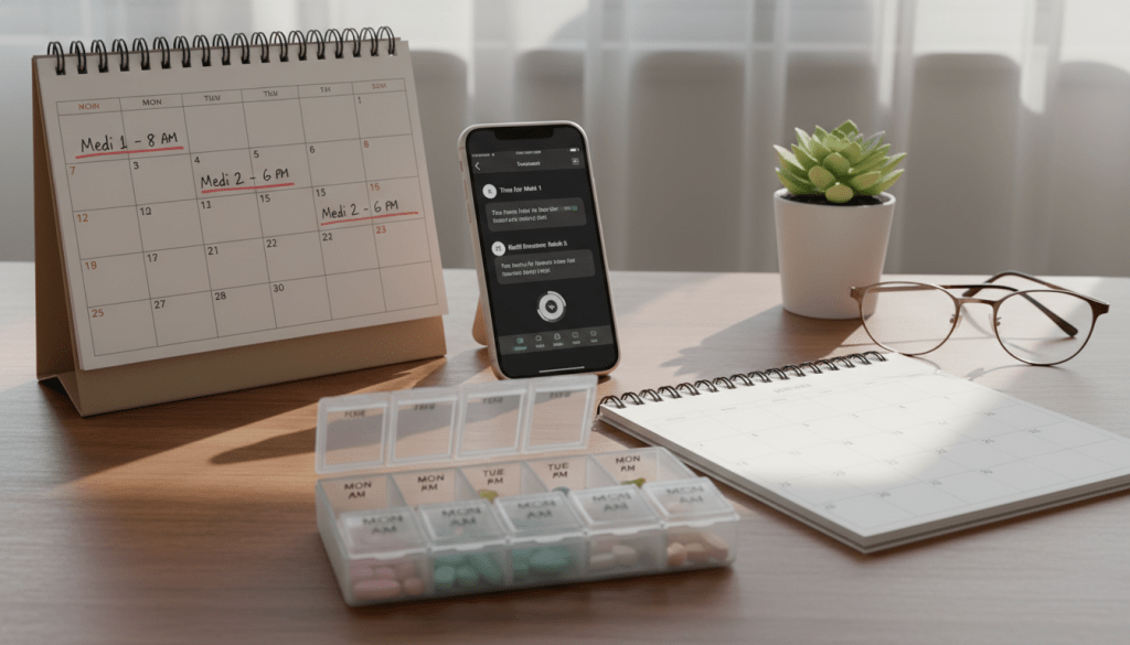 A well-organized medication management setup on a wooden tabletop, featuring a variety of tools. In the foreground, a sleek pill organizer with compartments labeled by day and time, alongside a calendar planner highlighting medication schedules. The middle ground showcases a smartphone displaying a medication tracking app, with notifications visible. In the background, soft natural light filters through a nearby window, casting gentle shadows. Surrounding elements include a small potted plant for a touch of life and a pair of reading glasses, evoking a sense of careful planning and routine. The atmosphere is calm and organized, reflecting a responsible approach to health management.