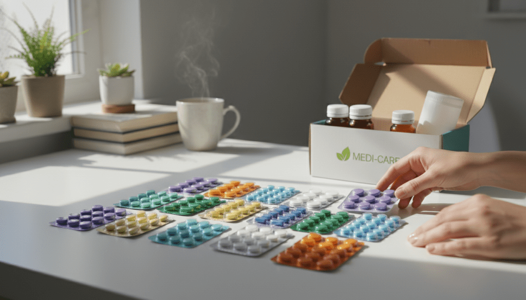 A well-organized medication packaging setup on a clean, minimalistic desk. In the foreground, neatly arranged blister packs and bubble packs, showcasing various colors and sizes, are accompanied by a pair of hands gently organizing them. In the middle ground, an open box of medication with pill bottles and a tablet dispenser is visible. In the background, a softly illuminated home office with a calming atmosphere, featuring plants and a cup of herbal tea. Natural light streams through a window, casting gentle shadows. The scene conveys a sense of order and ease, inviting viewers to imagine the simplicity of managing their medications with effective packaging solutions.