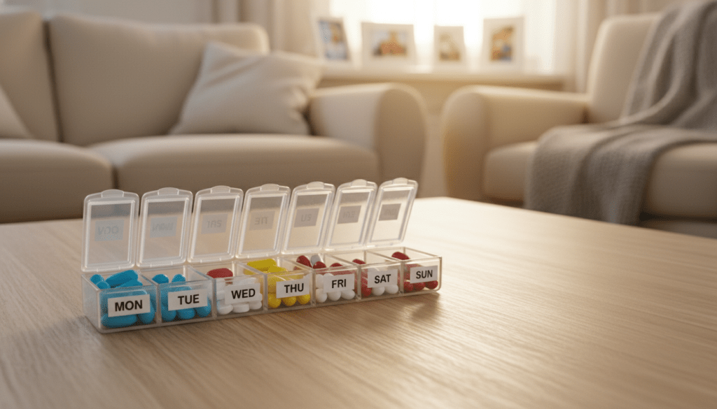 A well-organized pill organizer on a wooden table, filled with colorful capsules and tablets, reflecting careful preparation for dementia care. In the foreground, show a close-up view of the weekly compartment sections clearly labeled with the days of the week, exuding an air of order and reliability. In the middle ground, a warm light source illuminates the scene, creating a soothing atmosphere. In the background, a gentle blur of a cozy, inviting living room can be seen, with soft furnishings and family photographs that evoke a sense of comfort and support. The overall mood is calm and reassuring, emphasizing the importance of medication adherence and thoughtful caregiving practices.