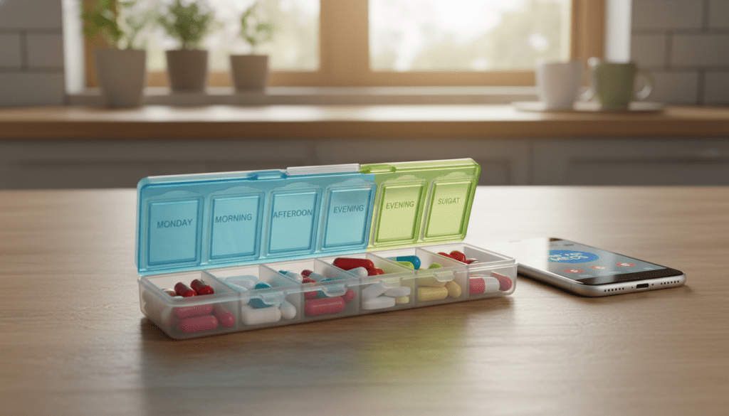 A well-organized pill organizer sits prominently in the foreground, showcasing compartments filled with various colored capsules and tablets labeled by day and time. The organizer is clear plastic with a vibrant blue and green lid, allowing for easy viewing of the medications inside. In the middle ground, a soft-focused wooden table holds a smartphone displaying a medication reminder app, subtly blending modern technology with daily health routines. The background features a softly-lit kitchen with warm, natural light streaming through a window, creating a welcoming atmosphere. The overall mood is one of calm and focus, emphasizing the importance of medication organization and adherence. The image should be crisp and well-composed, using a slightly overhead angle to capture all elements clearly. A well-organized pill organizer sits prominently in the foreground, showcasing compartments filled with various colored capsules and tablets labeled by day and time. The organizer is clear plastic with a vibrant blue and green lid, allowing for easy viewing of the medications inside. In the middle ground, a soft-focused wooden table holds a smartphone displaying a medication reminder app, subtly blending modern technology with daily health routines. The background features a softly-lit kitchen with warm, natural light streaming through a window, creating a welcoming atmosphere. The overall mood is one of calm and focus, emphasizing the importance of medication organization and adherence. The image should be crisp and well-composed, using a slightly overhead angle to capture all elements clearly.