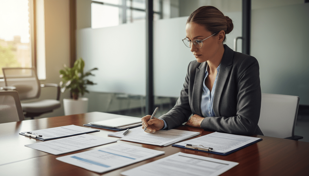 A well-organized table of professional fall risk assessment tools is featured prominently in the foreground. The table is neatly arranged with various assessment forms, questionnaires, and screening instruments, all clearly visible and professional in appearance. In the middle ground, a healthcare professional in business attire, focused and engaged, is seen reviewing the materials with an expression of concentration. The background features a softly blurred clinical setting, enhancing the professionalism of the environment. Natural lighting filters in through a window, creating a warm and inviting atmosphere. The overall mood conveys diligence and care, emphasizing the importance of safety and preventive measures in fall risk assessments. A well-organized table of professional fall risk assessment tools is featured prominently in the foreground. The table is neatly arranged with various assessment forms, questionnaires, and screening instruments, all clearly visible and professional in appearance. In the middle ground, a healthcare professional in business attire, focused and engaged, is seen reviewing the materials with an expression of concentration. The background features a softly blurred clinical setting, enhancing the professionalism of the environment. Natural lighting filters in through a window, creating a warm and inviting atmosphere. The overall mood conveys diligence and care, emphasizing the importance of safety and preventive measures in fall risk assessments.