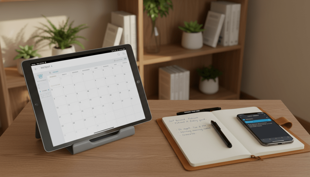 A well-organized workspace featuring various daily caregiver update tools, such as a digital tablet displaying a calendar app, a notepad with handwritten notes, a pen, and a smartphone with a messaging app open. In the foreground, focus on the tablet, reflecting soft, natural light. The middle ground includes the notepad and pen, arranged neatly, indicating readiness for updates. The background displays a warm-toned room with shelves of caregiving books and plants, creating a calming atmosphere. The overall mood is professional and supportive, emphasizing the importance of clear communication. Use a slightly overhead angle to capture all elements harmoniously, ensuring clarity and focus. A well-organized workspace featuring various daily caregiver update tools, such as a digital tablet displaying a calendar app, a notepad with handwritten notes, a pen, and a smartphone with a messaging app open. In the foreground, focus on the tablet, reflecting soft, natural light. The middle ground includes the notepad and pen, arranged neatly, indicating readiness for updates. The background displays a warm-toned room with shelves of caregiving books and plants, creating a calming atmosphere. The overall mood is professional and supportive, emphasizing the importance of clear communication. Use a slightly overhead angle to capture all elements harmoniously, ensuring clarity and focus.
