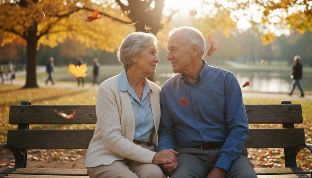 An elderly couple sitting on a park bench, sharing a warm, comforting moment. The woman, dressed in a light cardigan and trousers, gently holds the man's hand, who wears a smart casual shirt. The foreground captures their expressions of empathy and understanding, highlighting the bond they share. In the middle ground, vibrant autumn leaves gently fall from the trees, symbolizing change and the passing of time, while a soft golden light filters through the branches, creating a peaceful, inviting atmosphere. The background features a serene park with distant figures walking, underlining the idea of social connection amidst solitude. The mood is reflective, evoking feelings of warmth and compassion, centered around themes of loneliness and anxiety in seniors. An elderly couple sitting on a park bench, sharing a warm, comforting moment. The woman, dressed in a light cardigan and trousers, gently holds the man's hand, who wears a smart casual shirt. The foreground captures their expressions of empathy and understanding, highlighting the bond they share. In the middle ground, vibrant autumn leaves gently fall from the trees, symbolizing change and the passing of time, while a soft golden light filters through the branches, creating a peaceful, inviting atmosphere. The background features a serene park with distant figures walking, underlining the idea of social connection amidst solitude. The mood is reflective, evoking feelings of warmth and compassion, centered around themes of loneliness and anxiety in seniors.