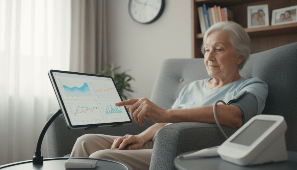 An elderly individual in a well-lit, cozy living room is sitting comfortably in a modern armchair, surrounded by various health monitoring devices such as a blood pressure cuff, a digital thermometer, and a tablet displaying health charts. In the foreground, a close-up shows a hand gently resting on the armrest, with fingers lightly tapping a tablet screen, indicating active engagement in daily health checks. In the middle ground, an array of colorful graphs and charts on the tablet illustrates health patterns, while a wall clock subtly emphasizes the routine of regular monitoring. The background features a bookshelf with health books and family photographs, creating a warm and supportive atmosphere. Soft afternoon light filters through a window, enhancing the sense of care and attention to the elderly individual's health. The mood is reflective and proactive, emphasizing the importance of monitoring health routines.