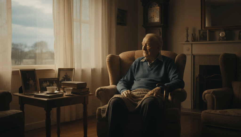 An elderly man sitting in a warmly lit living room, reflecting a sense of solitude. In the foreground, he gazes out of a window, his expression conveying deep thought and longing. The middle ground features a cozy, slightly cluttered room with personal items like framed photographs and a worn armchair, emphasizing his life story. The background shows soft, muted colors, with gentle sunlight streaming through sheer curtains, creating a peaceful yet melancholic atmosphere. The scene captures the essence of loneliness, with shadows highlighting the man's face to evoke empathy. No people outside of the elderly man, and the image should focus on conveying the emotions surrounding loneliness in older adults with clarity.