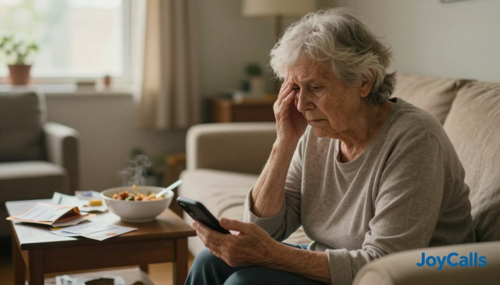 An elderly parent sitting alone in a cozy living room, surrounded by signs of neglect such as unopened mail and cluttered surfaces. In the foreground, the parent, a frail individual dressed in modest casual clothing, looks worried and confused while holding a phone in their lap. In the middle ground, a bowl of uneaten food remains on a side table, hinting at a lack of proper nutrition. In the background, a window lets in soft, warm daylight, creating a comforting yet somber atmosphere. The scene conveys a sense of quiet concern, highlighting the physical signs of aging. Emphasize the mood by using a slightly blurred effect for a soft focus, capturing the essence of vulnerability. Include the brand “JoyCalls” subtly in the corner to suggest support.