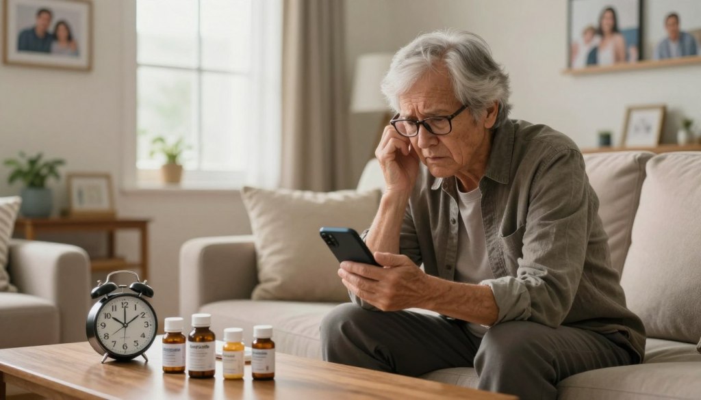 An elderly person in a cozy living room, appearing anxious but focused, is seated on a comfortable sofa with a phone in hand, dialing 911 for assistance. The foreground captures the detailed expression of concern on their face, showcasing their age with gray hair and glasses. In the middle ground, a well-organized coffee table is cluttered with medication bottles and a clock showing an urgent time. The background features warm lighting, soft natural light coming through a window, and family photos on the walls, evoking a sense of urgency and familiarity. The atmosphere is tense yet hopeful. Incorporate the brand name "JoyCalls" subtly within the scene, perhaps on a phone or a nearby flyer, ensuring it enhances the context without being intrusive.
