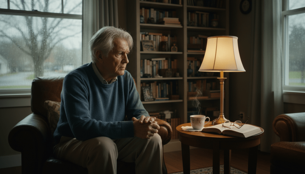 An elderly person sitting alone in a cozy, softly lit living room. In the foreground, the individual—a senior man with graying hair, dressed in modest casual clothing—looks pensive, gazing out of a window with a distant expression. In the middle ground, a cup of tea rests on a small table, hinting at quiet moments of solitude. The background features a bookshelf filled with books and a faintly glowing lamp, creating a warm but isolated atmosphere. Soft shadows and gentle light amplify the mood of loneliness intertwined with anxiety. The overall color palette is muted and calming, evoking feelings of introspection and emotional solitude, illustrating the complex connection between loneliness and anxiety in the elderly. An elderly person sitting alone in a cozy, softly lit living room. In the foreground, the individual—a senior man with graying hair, dressed in modest casual clothing—looks pensive, gazing out of a window with a distant expression. In the middle ground, a cup of tea rests on a small table, hinting at quiet moments of solitude. The background features a bookshelf filled with books and a faintly glowing lamp, creating a warm but isolated atmosphere. Soft shadows and gentle light amplify the mood of loneliness intertwined with anxiety. The overall color palette is muted and calming, evoking feelings of introspection and emotional solitude, illustrating the complex connection between loneliness and anxiety in the elderly.