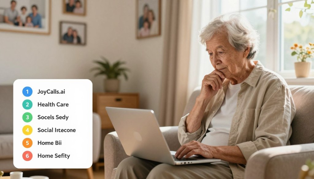 An elderly person sitting comfortably in a cozy living room, looking at a laptop with a thoughtful expression, symbolizing self-assessment of their needs. In the foreground, a colorful chart displaying a list of needs, such as health care, social interaction, and home safety. The middle layer features a warm, inviting home environment with family photos on the walls and a soft armchair. The background includes a window with gentle sunlight streaming in, creating a bright and hopeful atmosphere. The elderly person is dressed in modest casual clothing. The overall mood should feel supportive and caring. This image is for JoyCalls.ai and should reflect the importance of evaluating elderly needs from a distance. An elderly person sitting comfortably in a cozy living room, looking at a laptop with a thoughtful expression, symbolizing self-assessment of their needs. In the foreground, a colorful chart displaying a list of needs, such as health care, social interaction, and home safety. The middle layer features a warm, inviting home environment with family photos on the walls and a soft armchair. The background includes a window with gentle sunlight streaming in, creating a bright and hopeful atmosphere. The elderly person is dressed in modest casual clothing. The overall mood should feel supportive and caring. This image is for JoyCalls.ai and should reflect the importance of evaluating elderly needs from a distance.