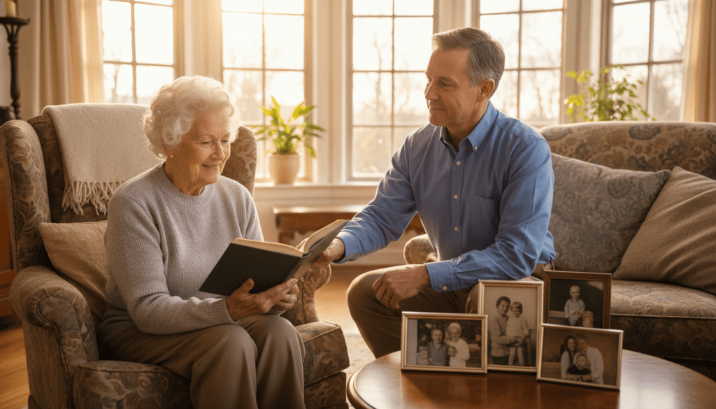 An elderly person sitting comfortably in their cozy living room, reading a book with a warm smile, showcasing independence. In the foreground, a middle-aged adult, dressed in smart casual attire, stands nearby, observing with a supportive expression, symbolizing family involvement. The middle ground features a coffee table with a few family photos, reinforcing the connection between generations. In the background, large windows allow soft, natural daylight to flood the room, creating a warm and inviting atmosphere. The scene is framed from a slightly elevated angle, emphasizing the balance between the elder's autonomy and the family's care. The overall mood is warm, nurturing, and harmonious, reflecting the importance of both independence and support in family dynamics. An elderly person sitting comfortably in their cozy living room, reading a book with a warm smile, showcasing independence. In the foreground, a middle-aged adult, dressed in smart casual attire, stands nearby, observing with a supportive expression, symbolizing family involvement. The middle ground features a coffee table with a few family photos, reinforcing the connection between generations. In the background, large windows allow soft, natural daylight to flood the room, creating a warm and inviting atmosphere. The scene is framed from a slightly elevated angle, emphasizing the balance between the elder's autonomy and the family's care. The overall mood is warm, nurturing, and harmonious, reflecting the importance of both independence and support in family dynamics.