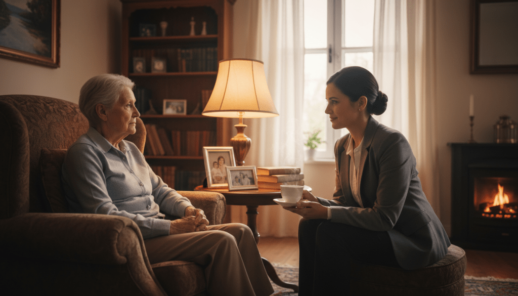 An elderly person sitting on a comfortable armchair in a warmly lit living room, looking contemplative. In the foreground, a social worker in professional business attire gently engages with them, holding a cup of tea and offering a warm smile, showcasing empathy. The middle ground features soft, inviting decor such as family photos and a bookshelf, emphasizing a cozy atmosphere. In the background, a window allows soft natural light to filter in, creating a serene ambiance. The scene conveys a supportive and understanding mood, highlighting the importance of communication and connection in addressing social resistance among the elderly. The lens captures the emotional exchange, focusing on their expressions, with a warm color palette to elicit feelings of comfort and care.