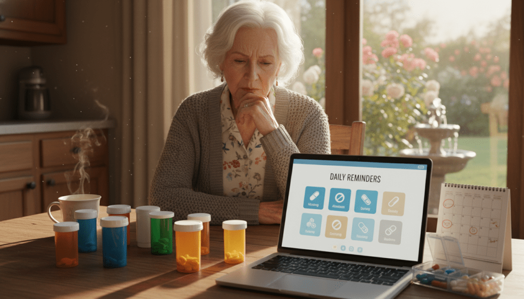 An elderly woman sitting at a kitchen table, looking thoughtfully at a colorful array of pill bottles, representing the challenges of medication management. In the foreground, an open laptop displays a user-friendly medication reminder app interface. The middle ground features an organized pill organizer, emphasizing the importance of tracking medications, alongside a small calendar marked with reminders. In the background, soft, warm lighting illuminates the room, creating a cozy atmosphere. A window reveals a serene garden, symbolizing tranquility amidst the complexity of managing health. Capture the realism and details of everyday life, using a slightly downward angle to focus on the woman’s contemplative expression, evoking a sense of reflection and awareness about medication needs.